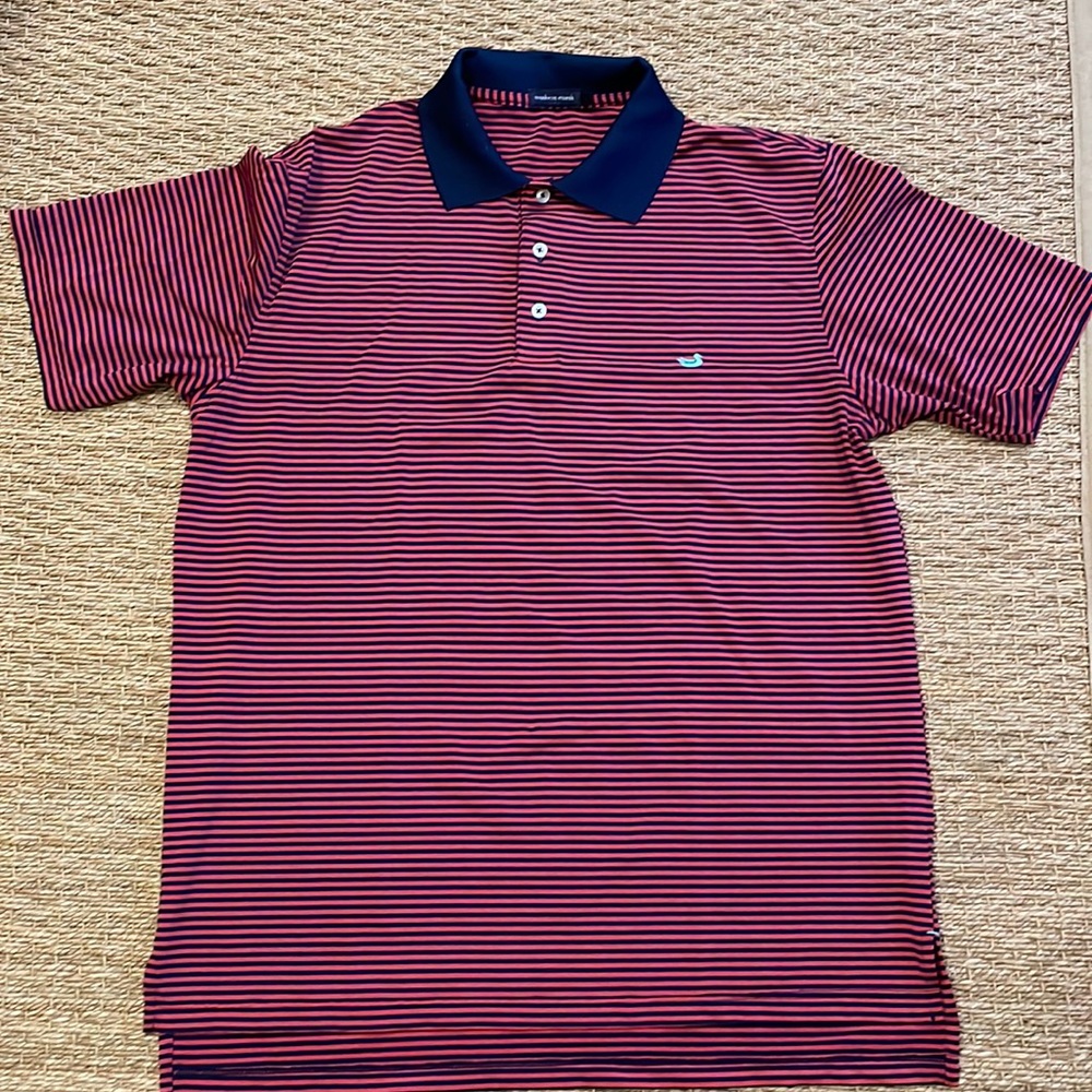 Southern Marsh performance polo. Navy and red stripes. Size M